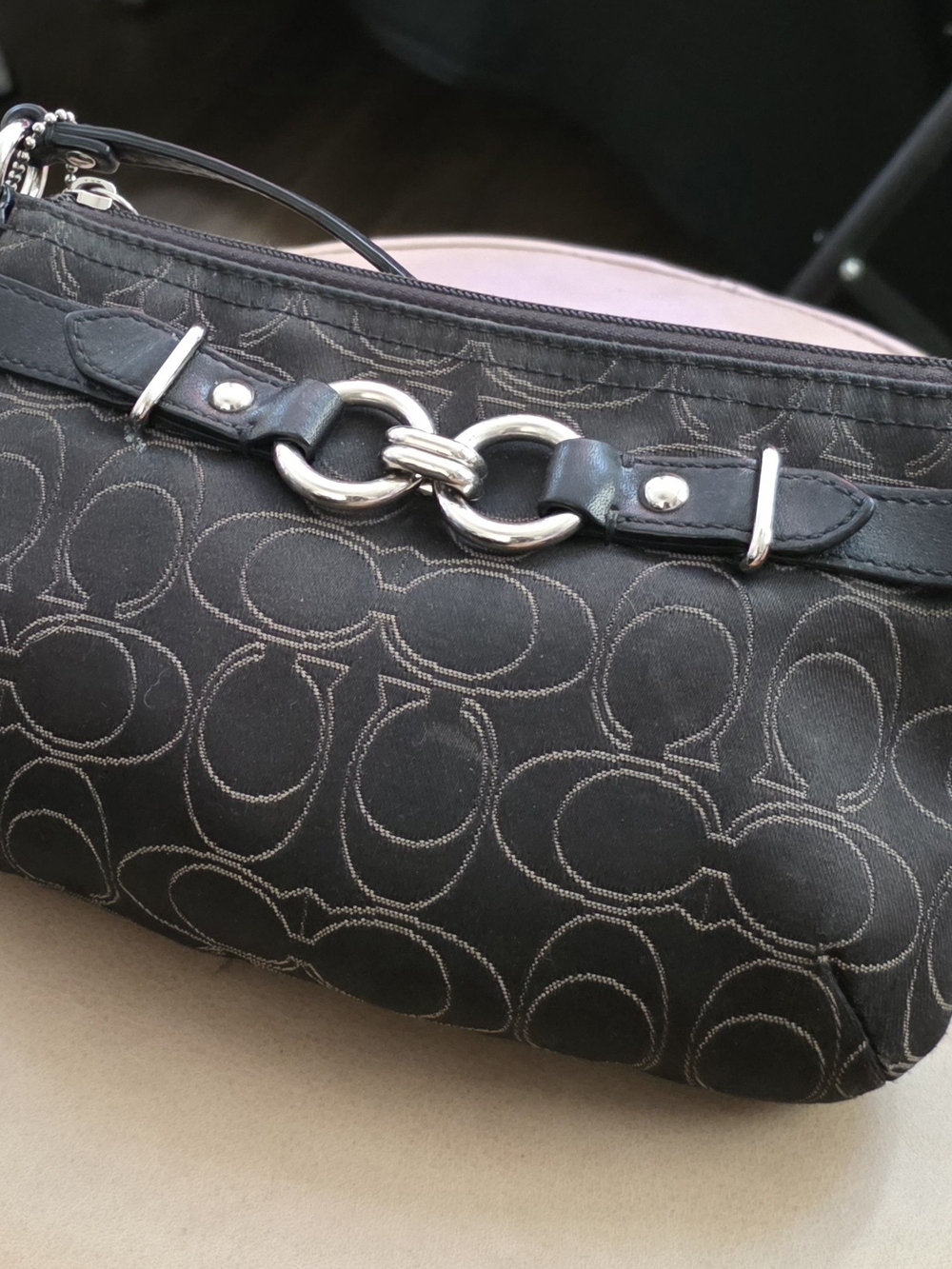 Coach-Style Black Wristlet with Silver Hardware